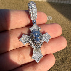 Lion Cross Iced Out Pendant 14k White Gold Plated