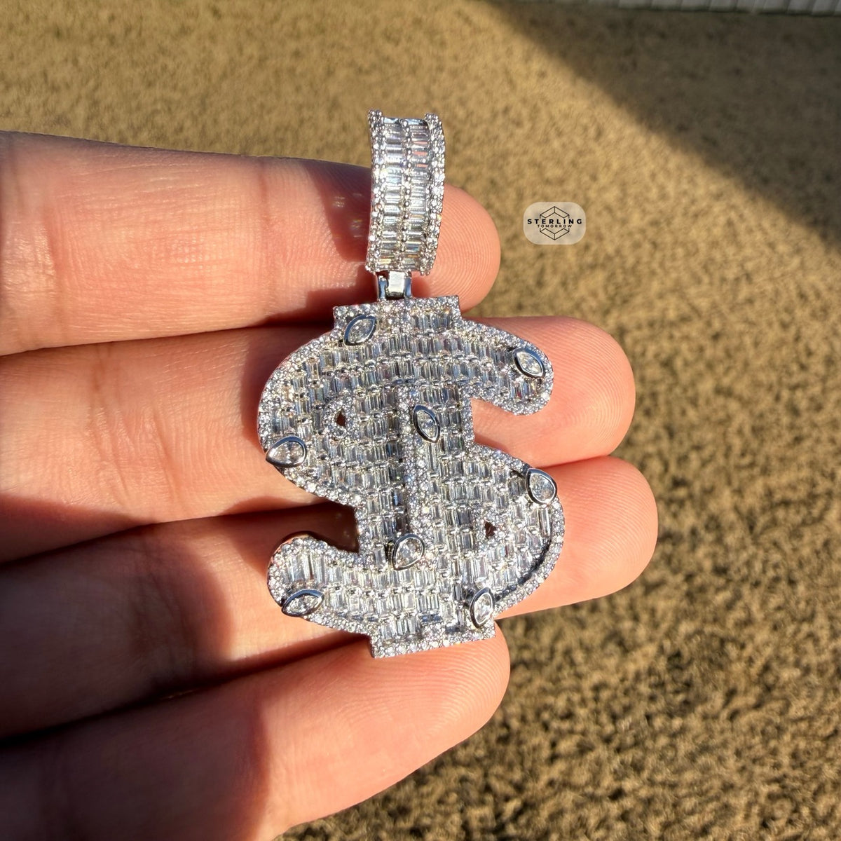 14K White Gold Plated Money Sign Iced Pendant