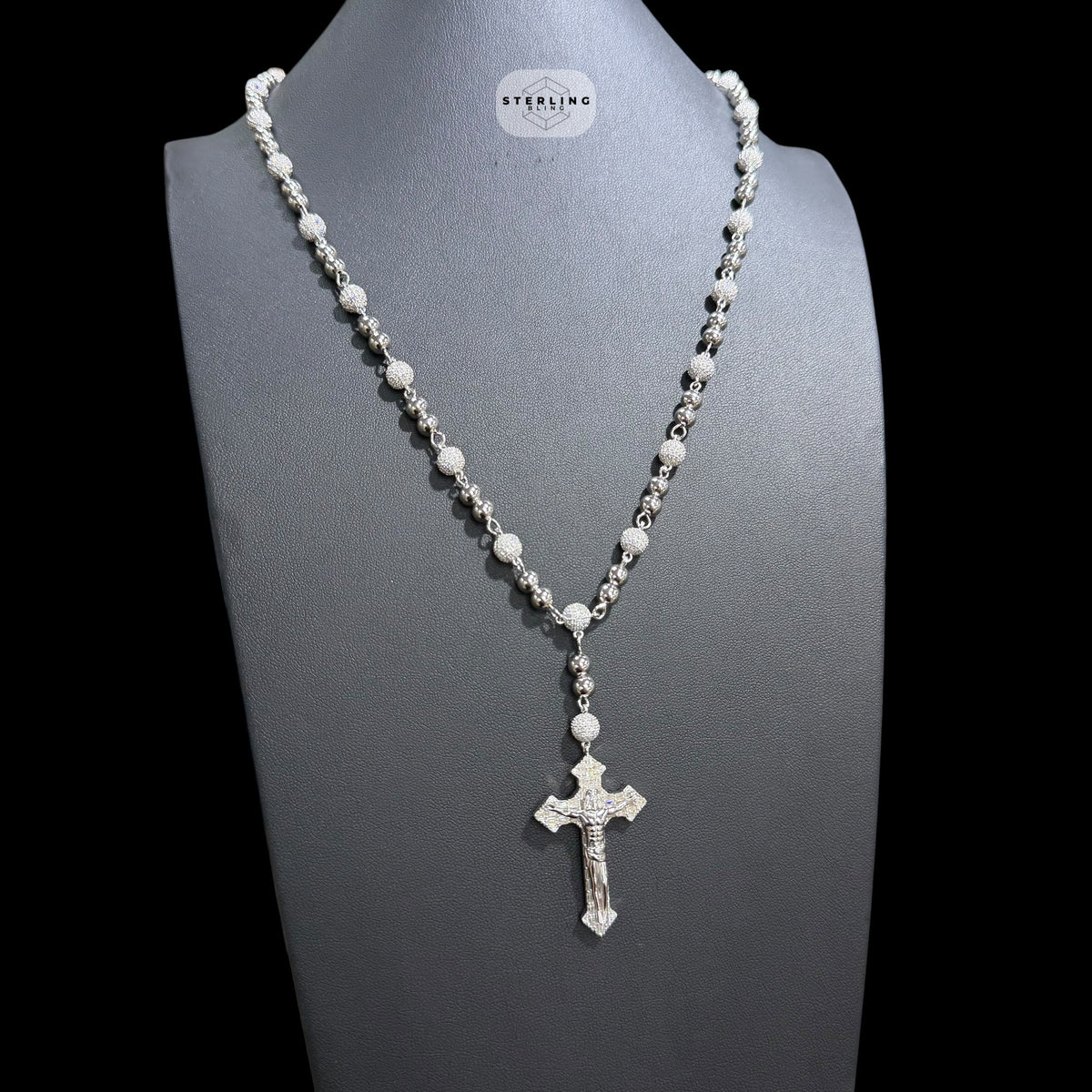 Moissanite Rosary Necklace, Iced Out Snowball Bead Jesus Crucifix, 925 Sterling Silver, 22 Inch