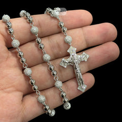 Moissanite Rosary Necklace, Iced Out Snowball Bead Jesus Crucifix, 925 Sterling Silver, 22 Inch