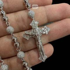 Moissanite Rosary Necklace, Iced Out Snowball Bead Jesus Crucifix, 925 Sterling Silver, 22 Inch