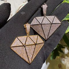 Iced Diamond Shape Pendant CZ Hip Hop Chain Gold or Silver Geometric Bling Necklace Statement Jewelry + Steel Rope Chain