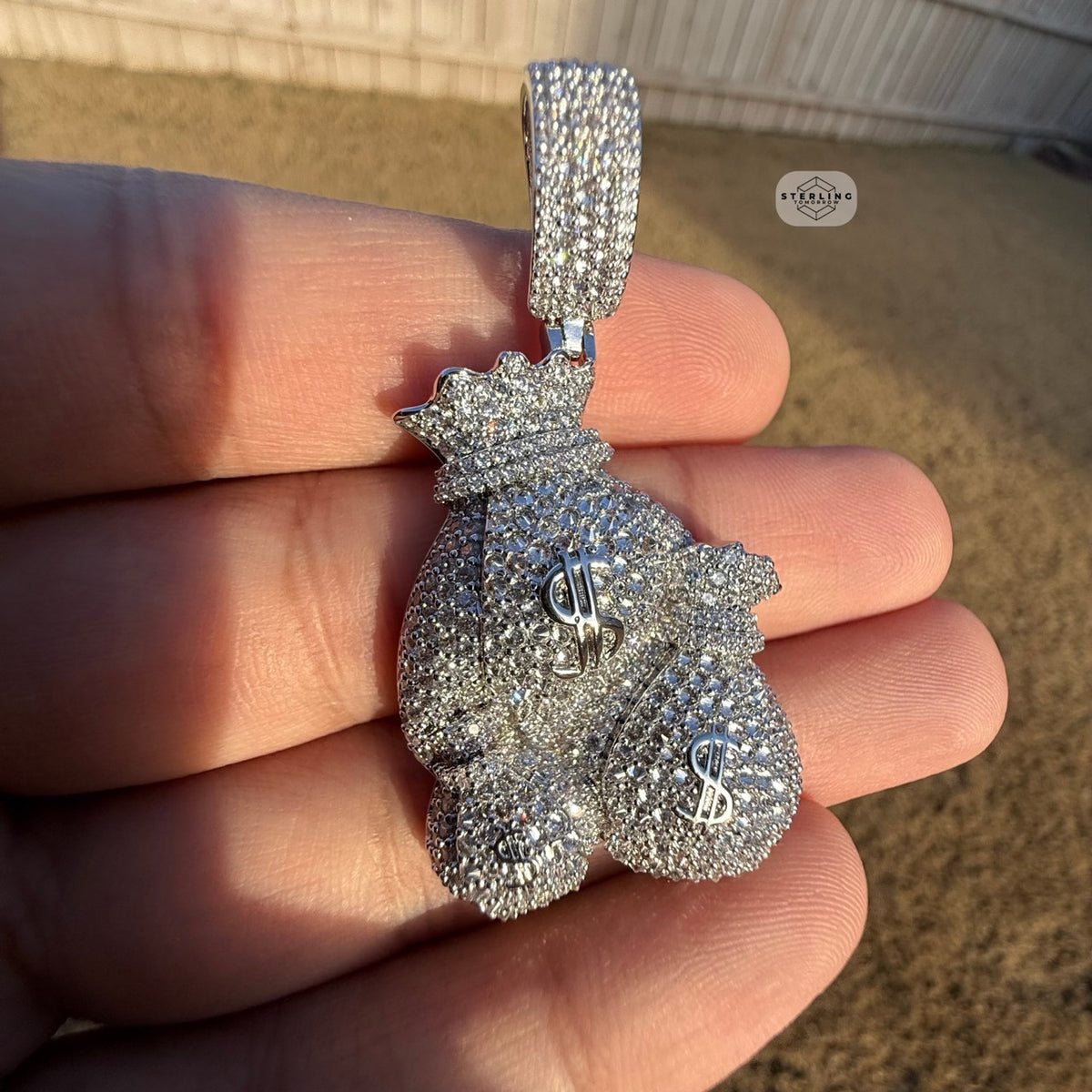 Moneybags Iced Out Pendant 14k White Gold Plated