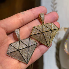 Iced Diamond Shape Pendant CZ Hip Hop Chain Gold or Silver Geometric Bling Necklace Statement Jewelry + Steel Rope Chain