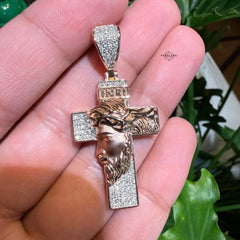 Rose Gold Moissanite Jesus Cross Pendant, Iced Out 925 Sterling Silver Hip Hop Necklace w 24" Chain