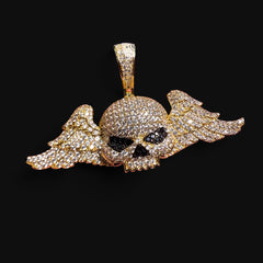 14K Gold Iced Out Winged Skull Pendant | CZ Diamond Hip Hop Gothic Necklace with Free Chain