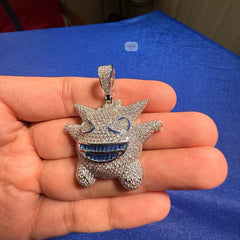 Iced Out Spiky Monster Pendant | 14K White Gold Plated Cartoon Monster Necklace, CZ Hip Hop Pendant with Free Rope Chain