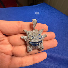 Iced Out Spiky Monster Pendant | 14K White Gold Plated Cartoon Monster Necklace, CZ Hip Hop Pendant with Free Rope Chain