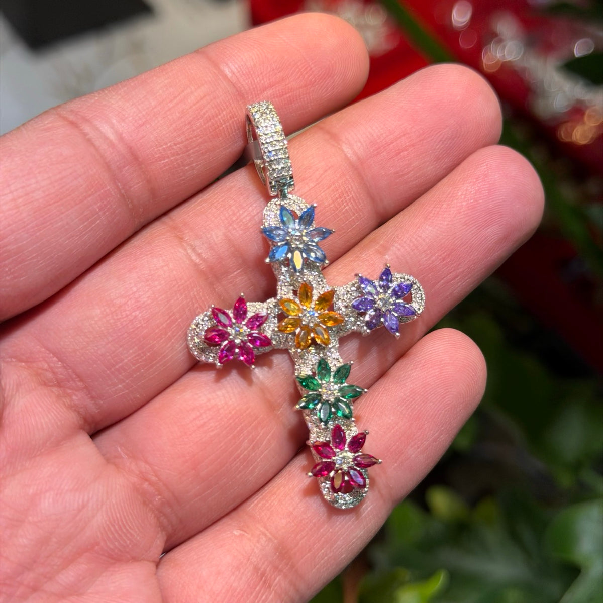 Moissanite Flower Color Cross Pendant