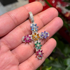 Moissanite Flower Color Cross Pendant