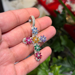 Moissanite Flower Color Cross Pendant