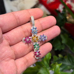 Moissanite Flower Color Cross Pendant