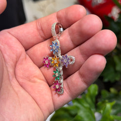 Moissanite Flower Color Cross Pendant