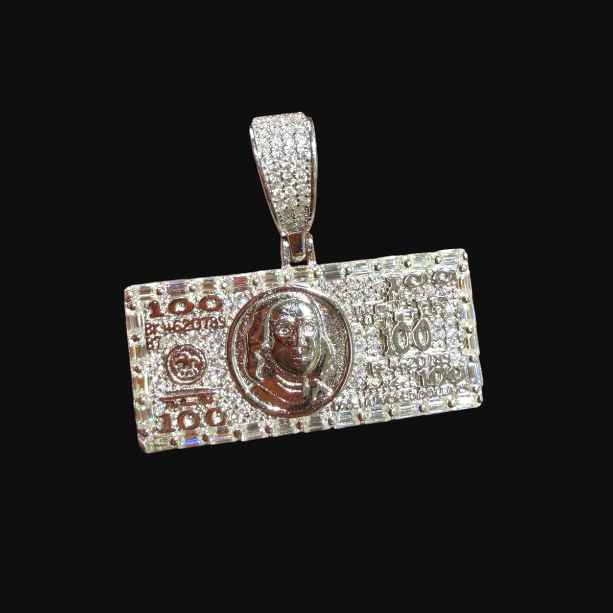 Moissanite $100 Benjamin Franklin Money Pendant, Iced Out Dollar Bill Necklace, 925 Silver Hip Hop