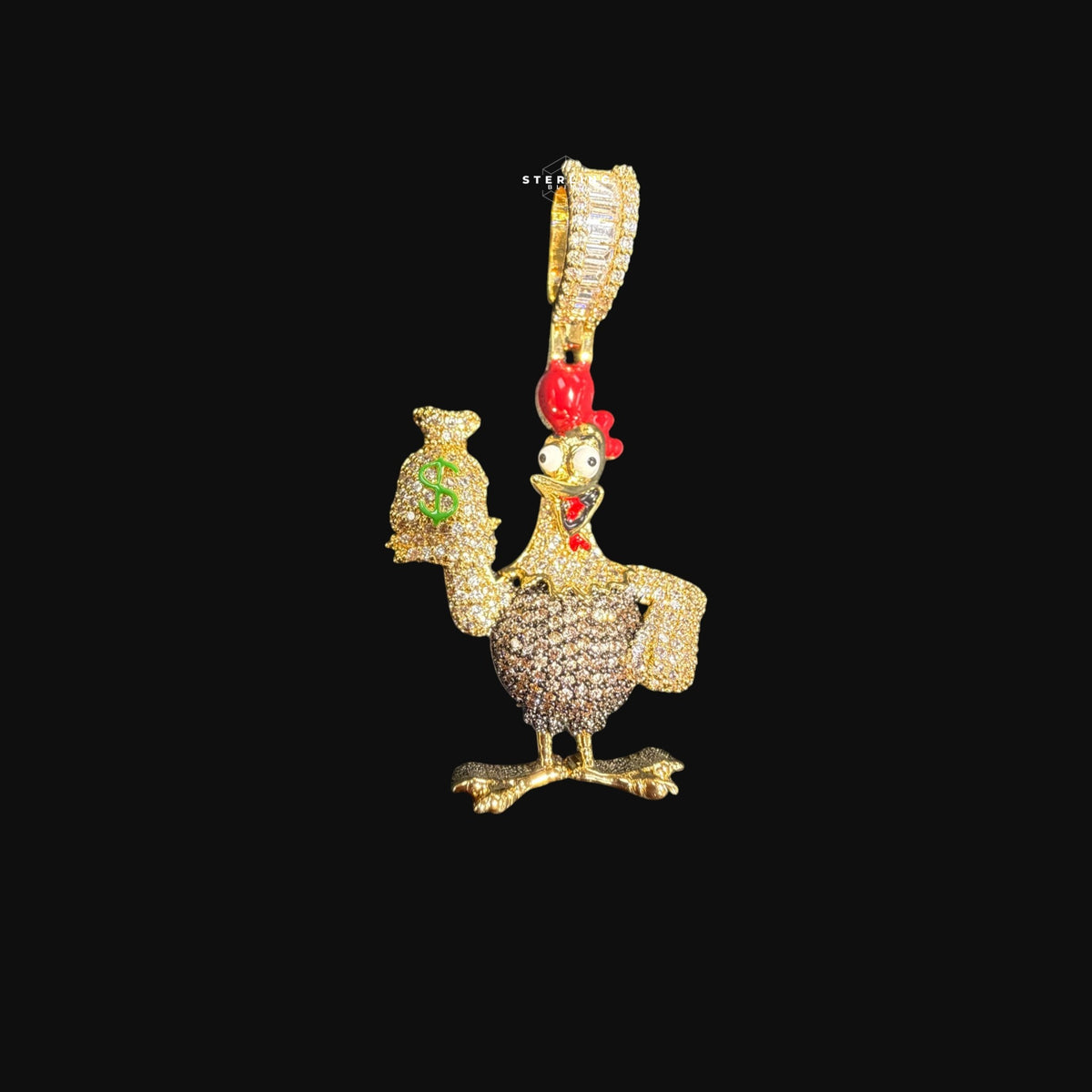 Iced Out Money Chicken Pendant Gold CZ Cartoon Bird Hip Hop Necklace with Free Chain