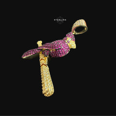Iced Out Cardinal Bird Pendant Necklace Pink Red CZ Gold Hip Hop Statement Charm with Free Chain