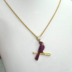 Iced Out Cardinal Bird Pendant Necklace Pink Red CZ Gold Hip Hop Statement Charm with Free Chain
