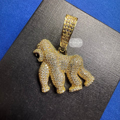 14K Gold Plated Gorilla Iced Out Pendant CZ Diamond Hip Hop Bling + FREE Rope Chain