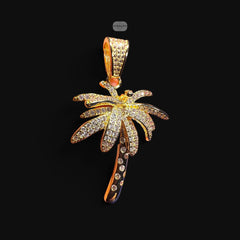 14K Gold Plated Iced Out Palm Tree Pendant | CZ Diamond Hip Hop Tropical Necklace with Free Rope Chain