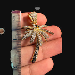 14K Gold Plated Iced Out Palm Tree Pendant | CZ Diamond Hip Hop Tropical Necklace with Free Rope Chain