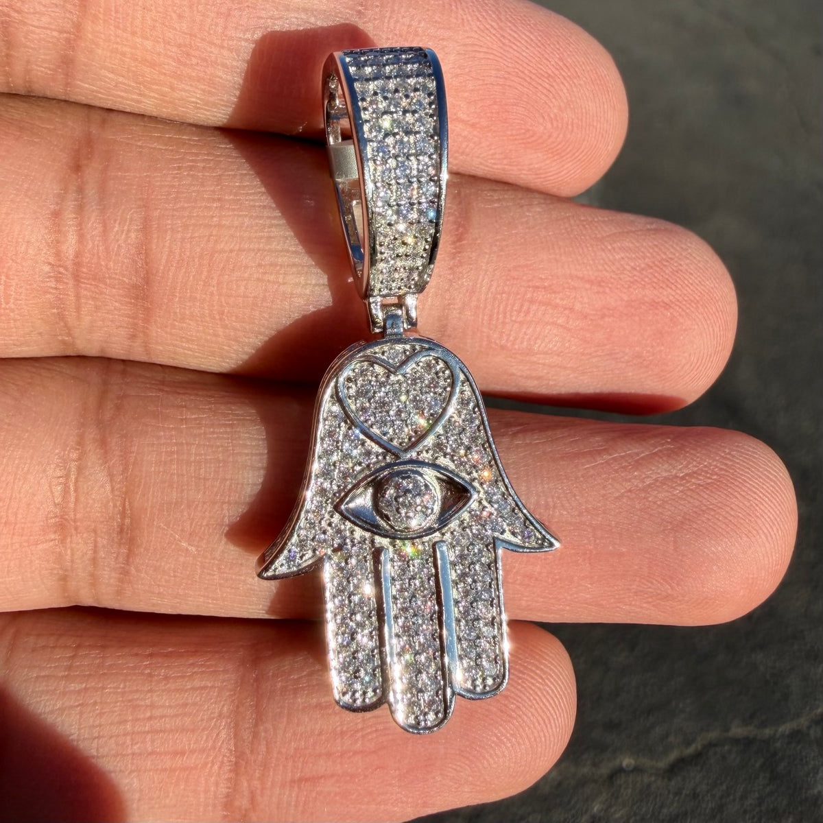Moissanite Hamsa Hand Heart Iced Pendant + Steel Rope Chain