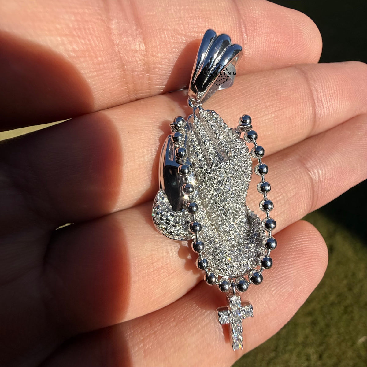 Moissanite Small Prayer Hands Rosary Pendant