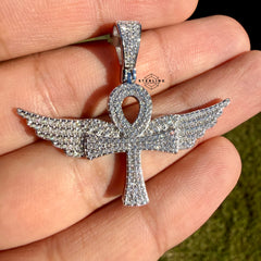 Moissanite VVS Wings Ankh Pendant 925 Silver Iced Out Free Steel Rope Chain