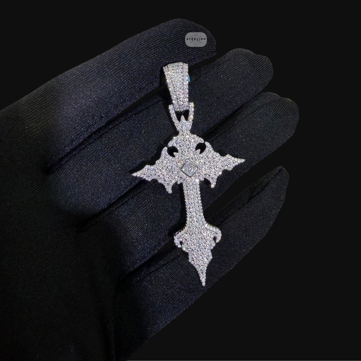 Moissanite Gothic Cross Pendant, Iced Out 925 Sterling Silver Hip Hop Necklace w 24" Rope Chain