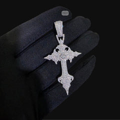 Moissanite Gothic Cross Pendant, Iced Out 925 Sterling Silver Hip Hop Necklace w 24" Rope Chain