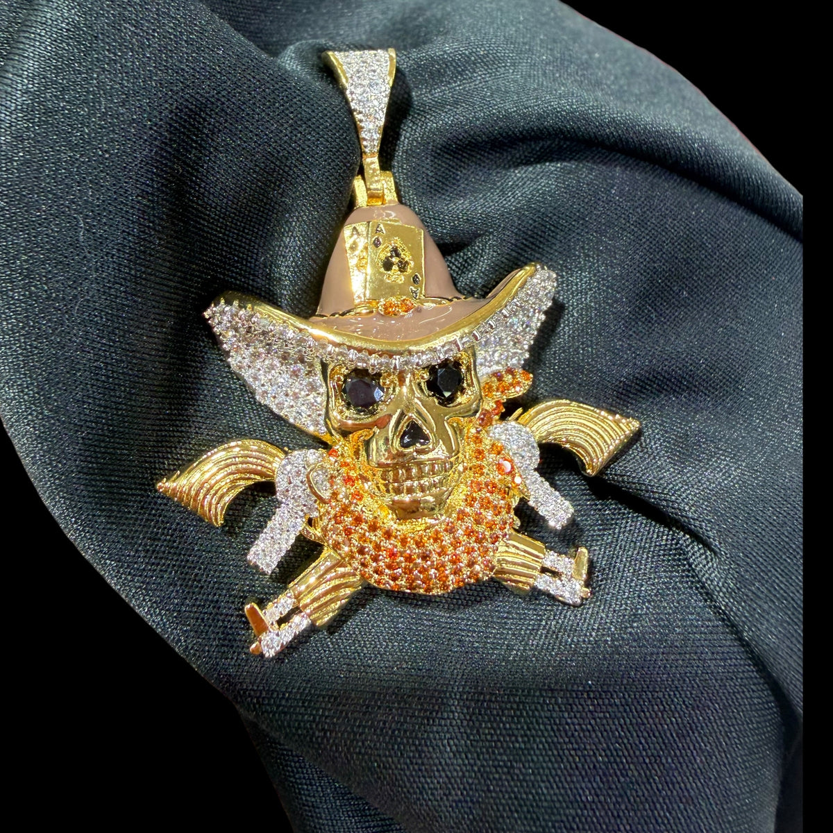 Gold Iced Out Cowboy Skull Pendant