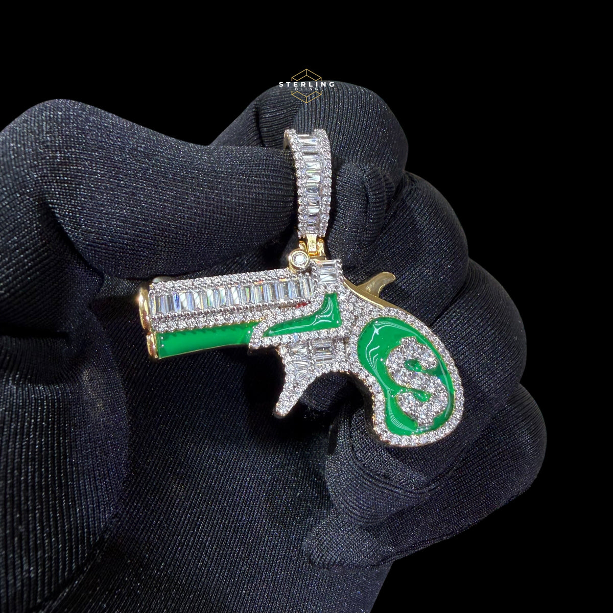 14K Gold Plated Iced Out Money Gun Pendant | Green Enamel CZ Diamond Hip Hop Necklace | Free 22" Stainless Rope Chain
