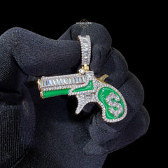 14K Gold Plated Iced Out Money Gun Pendant | Green Enamel CZ Diamond Hip Hop Necklace | Free 22" Stainless Rope Chain