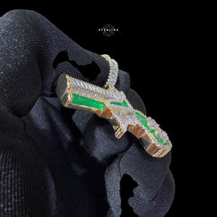 14K Gold Plated Iced Out Money Gun Pendant | Green Enamel CZ Diamond Hip Hop Necklace | Free 22" Stainless Rope Chain