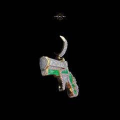 14K Gold Plated Iced Out Money Gun Pendant | Green Enamel CZ Diamond Hip Hop Necklace | Free 22" Stainless Rope Chain