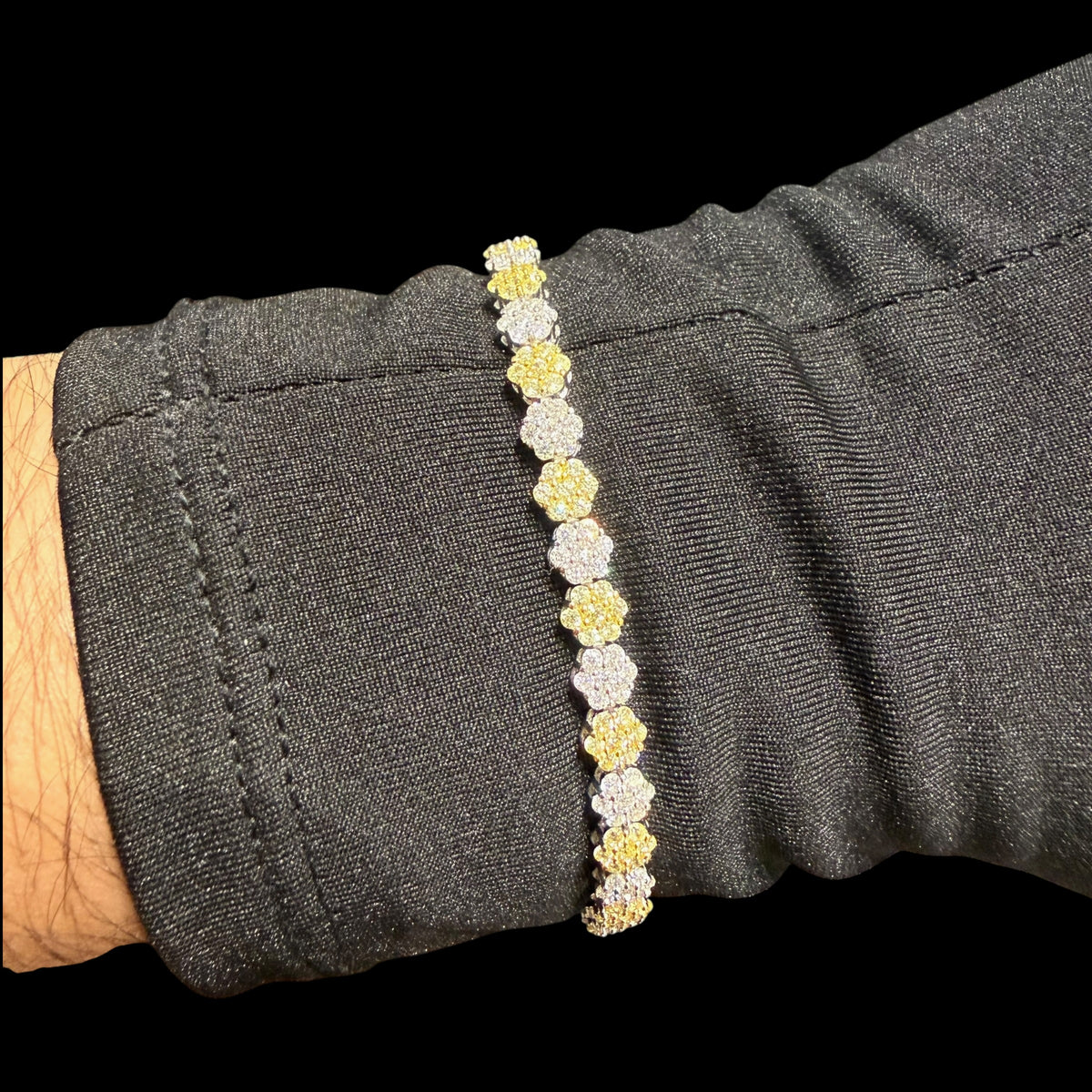 Moissanite Flower Cluster Bracelet Gold Two Tone 5mm 7"