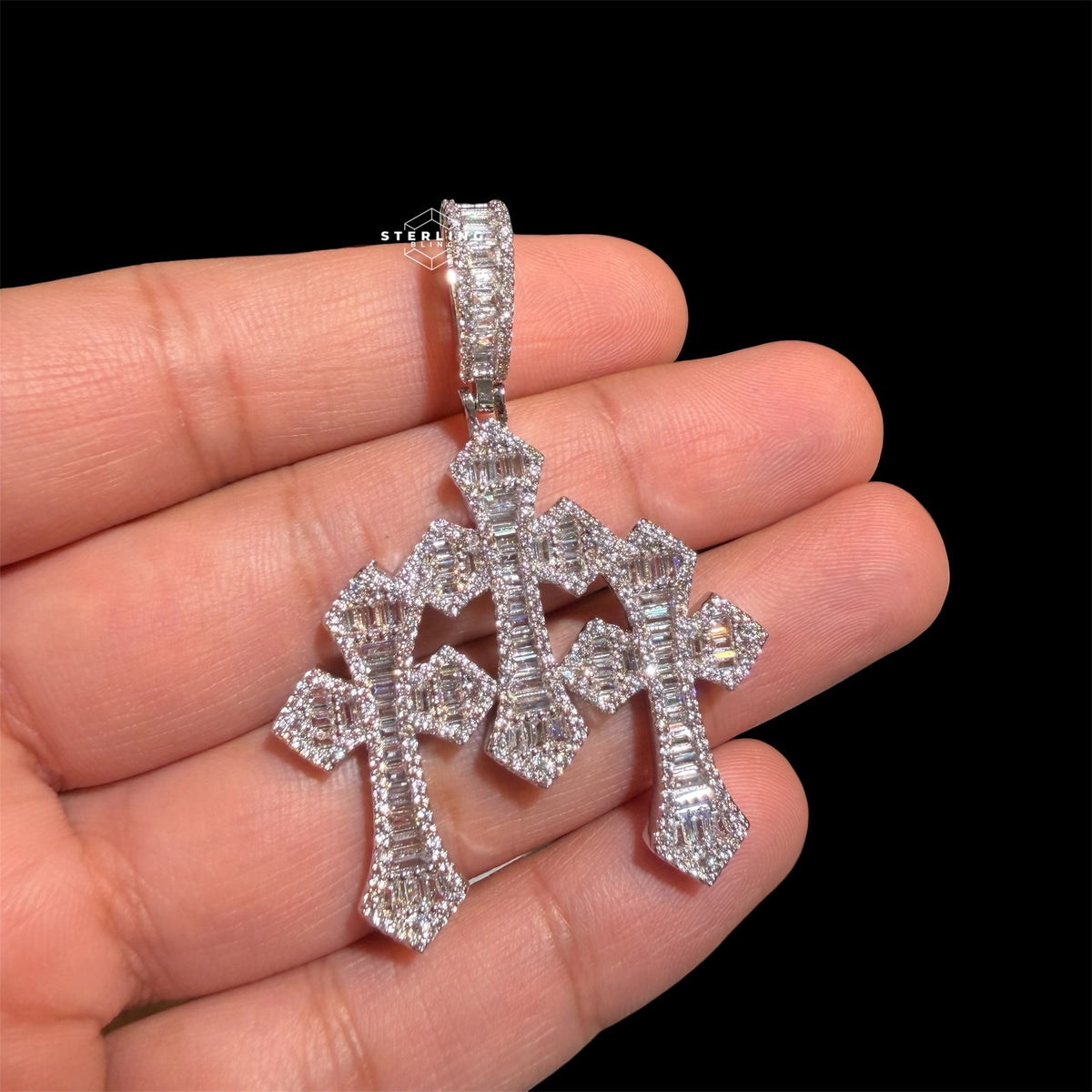 Triple Cross Baguette 14k White Plated Iced CZ Pendant