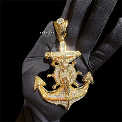 XL Gold Iced Out Jesus Anchor Pendant