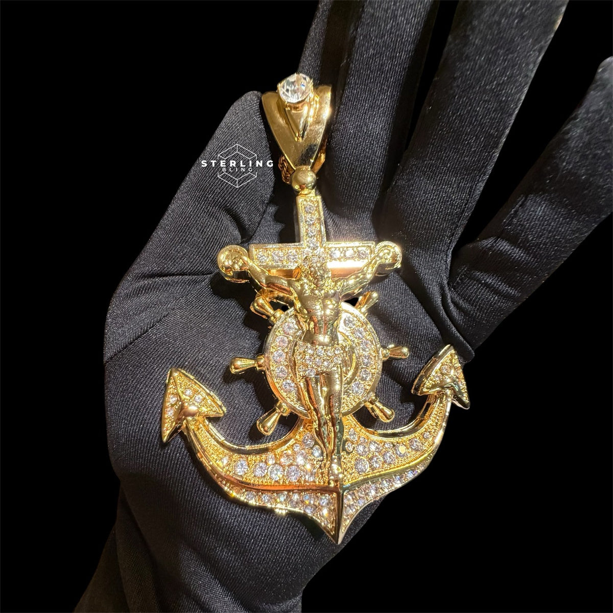 XL Gold Iced Out Jesus Anchor Pendant