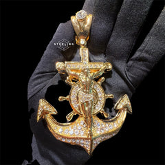XL Gold Iced Out Jesus Anchor Pendant