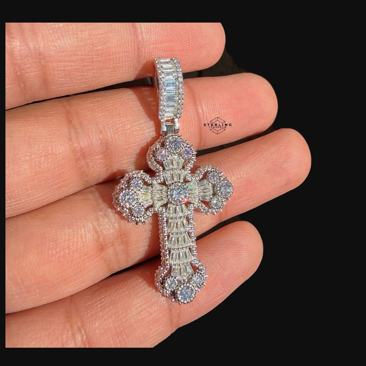 Moissanite Baguette Solitaire Cross Pendant, 925 Silver Iced Out Hip Hop Necklace, GRA Certified w 24" Chain