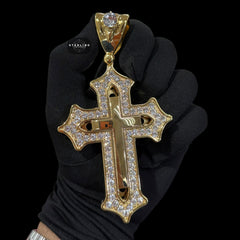 Big Gold Iced Out Cross Pendant, 14K Gold Plated CZ Diamond Christian Necklace, Religious Hip Hop Jewelry with Rope Chain