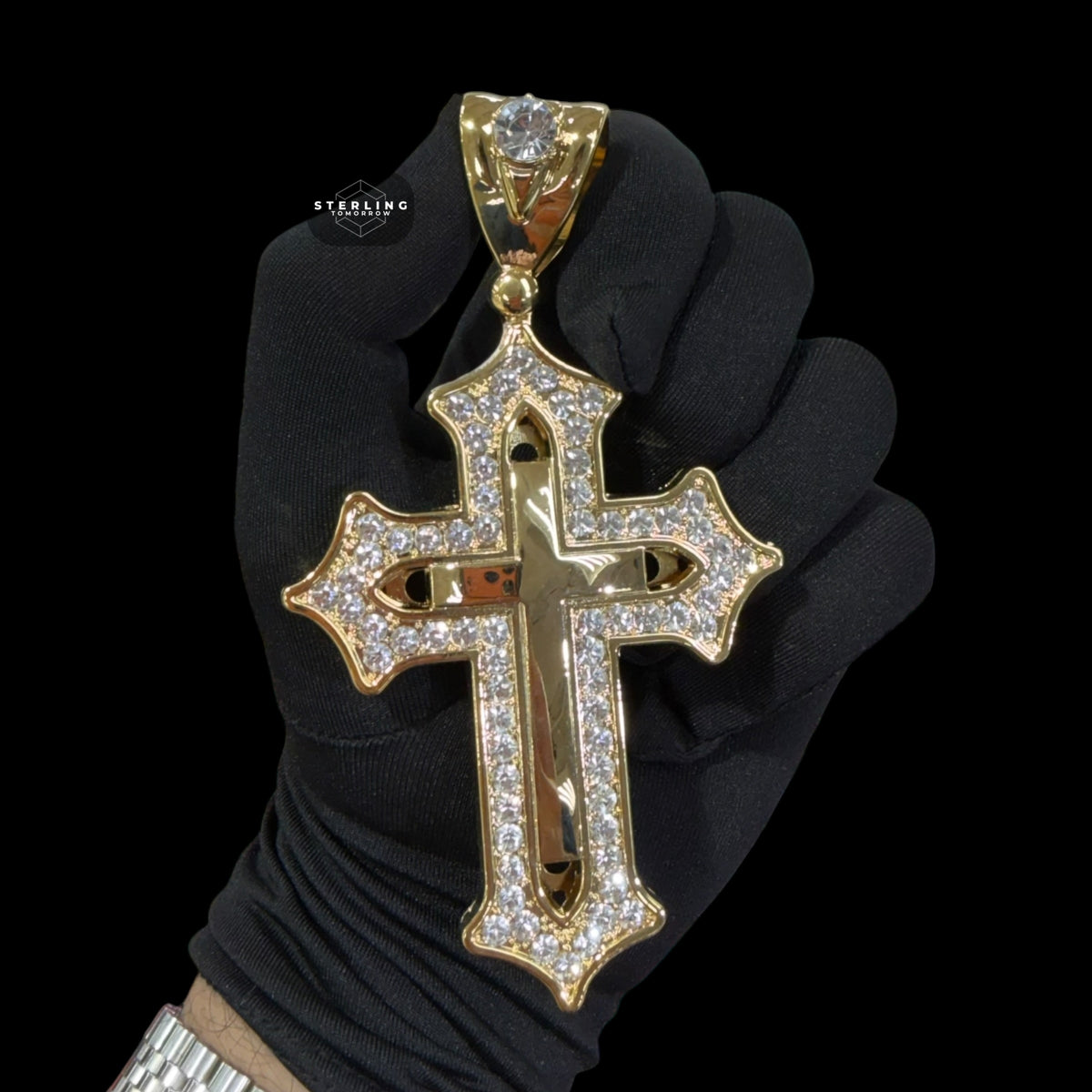 Big Gold Iced Out Cross Pendant, 14K Gold Plated CZ Diamond Christian Necklace, Religious Hip Hop Jewelry with Rope Chain