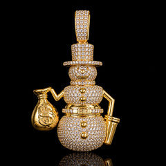 14K Gold Iced Out Snowman Pendant | CZ Diamond Hip Hop Necklace | Money Bag Bling Charm