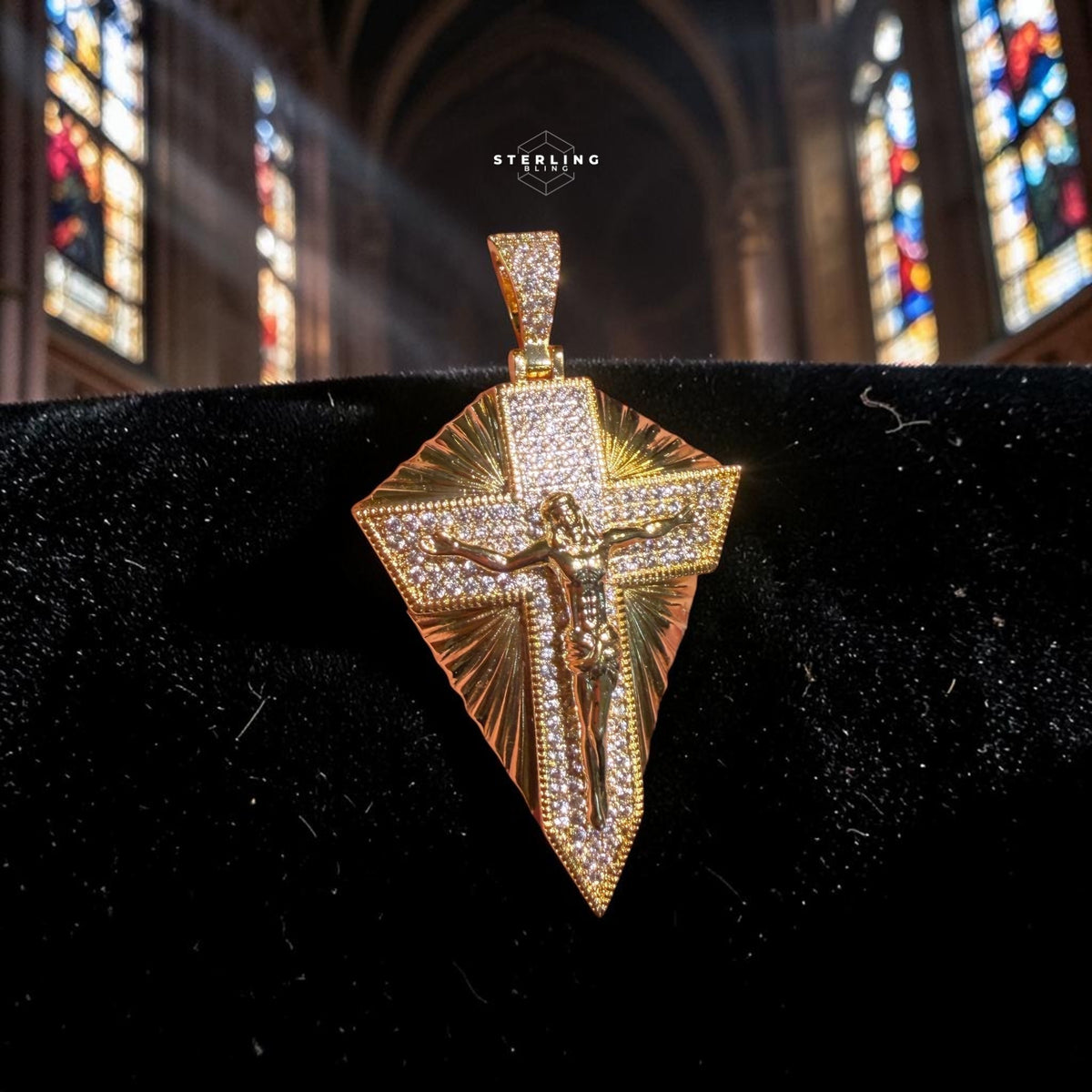 Gold Cross Crucifix Shield Pendant - 14k Gold Plated CZ