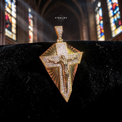 Gold Cross Crucifix Shield Pendant - 14k Gold Plated CZ