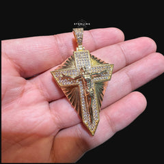 Gold Cross Crucifix Shield Pendant - 14k Gold Plated CZ