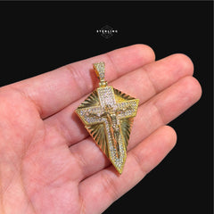 Gold Cross Crucifix Shield Pendant - 14k Gold Plated CZ