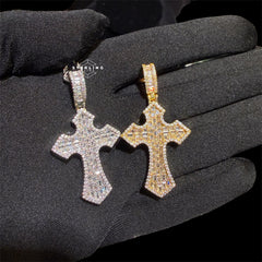 Iced Out Baguette Cross Pendant + Rope Chain