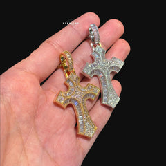 Baguette Cross Iced Out Pendant 14k Gold Plated CZ