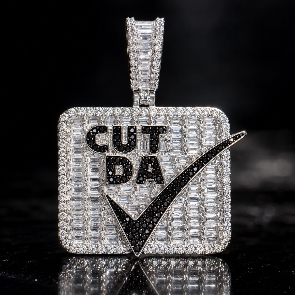 Cut Da Check Pendant Necklace, Iced Out Hip Hop Jewelry, CZ Baguette Diamond Pendant, Money Check Charm, Rap Streetwear Rope Chain Gift